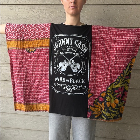 Upcycled Tops - Johnny Cash Upcycled Kantha Tunic Top Shirt OS Handmade Boho